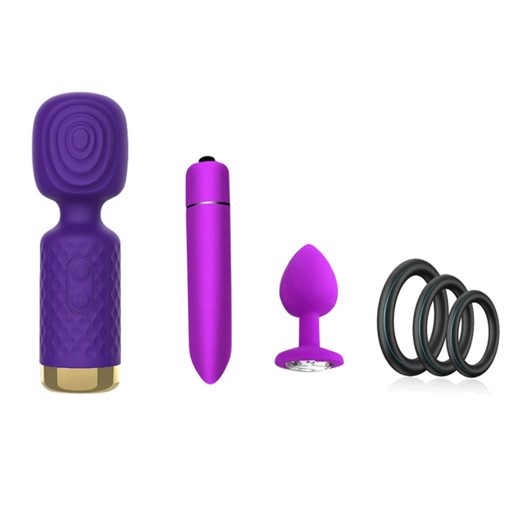 AV Magic Wand + Dildos Bullet Vibrators + Anal Plug + Penis Ring Set