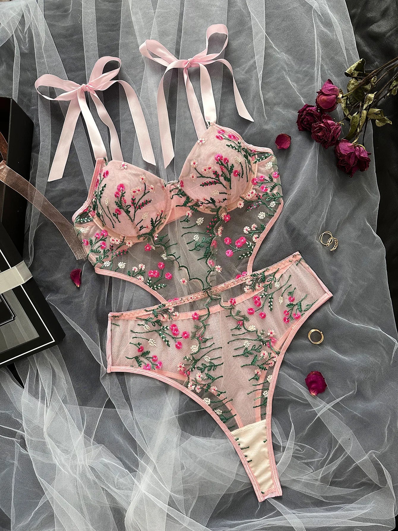 Lace 3-Piece Lingerie Set with Garter Belt