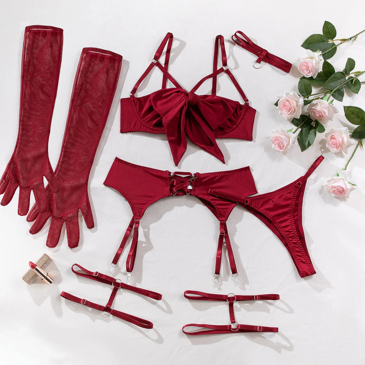 Temptation Bow Bra Set: Hollowed Out Lingerie (4-Piece)