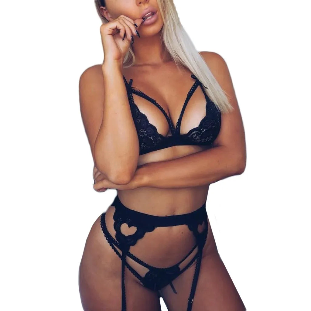 Sheer Lace Lingerie Ensemble - Embroidered 3-Piece Set