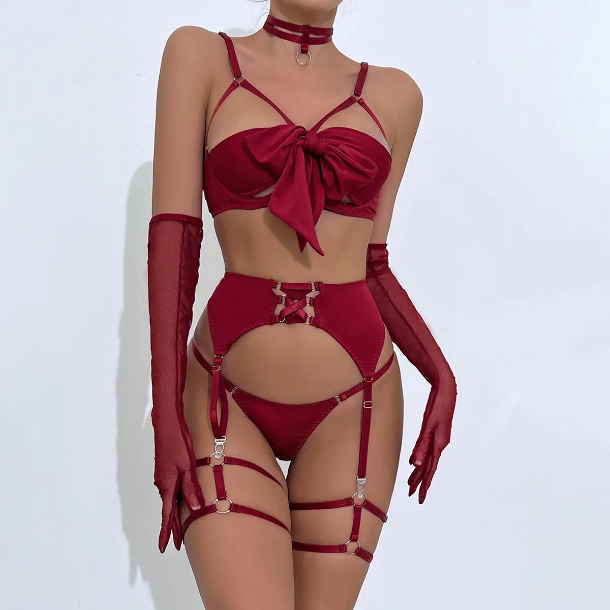 Temptation Bow Bra Set: Hollowed Out Lingerie (4-Piece)