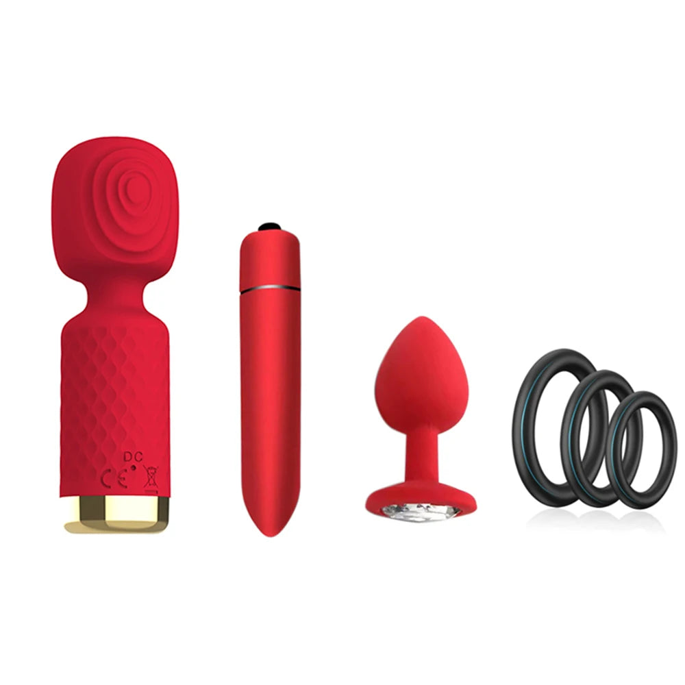 AV Magic Wand + Dildos Bullet Vibrators + Anal Plug + Penis Ring Set